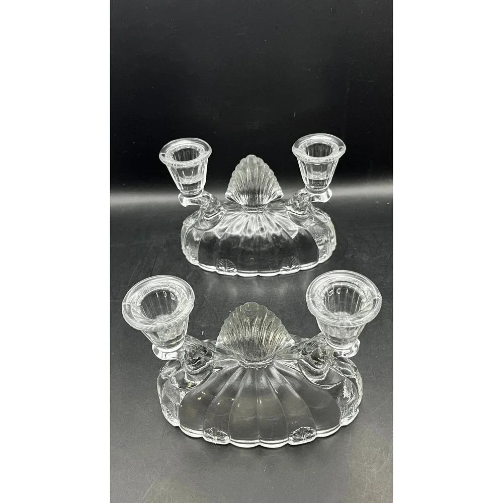 Vtg Set of 2 LE Smith Glass Clam Shell Dbl‎ Candlestick Holder 4.25
